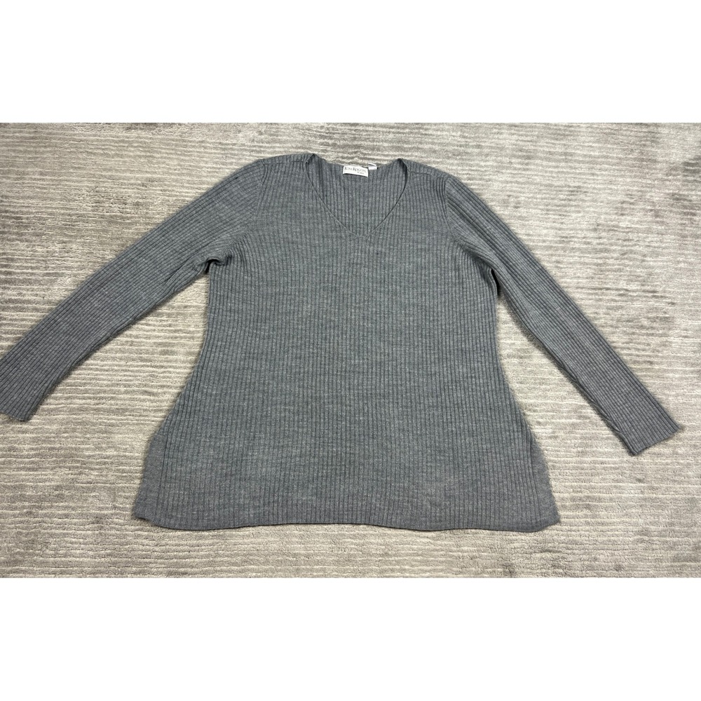 Kim Rogers Sweater Women 1X Grey V-Neck Ribbed Knit Long Sleeve Relaxed Fit